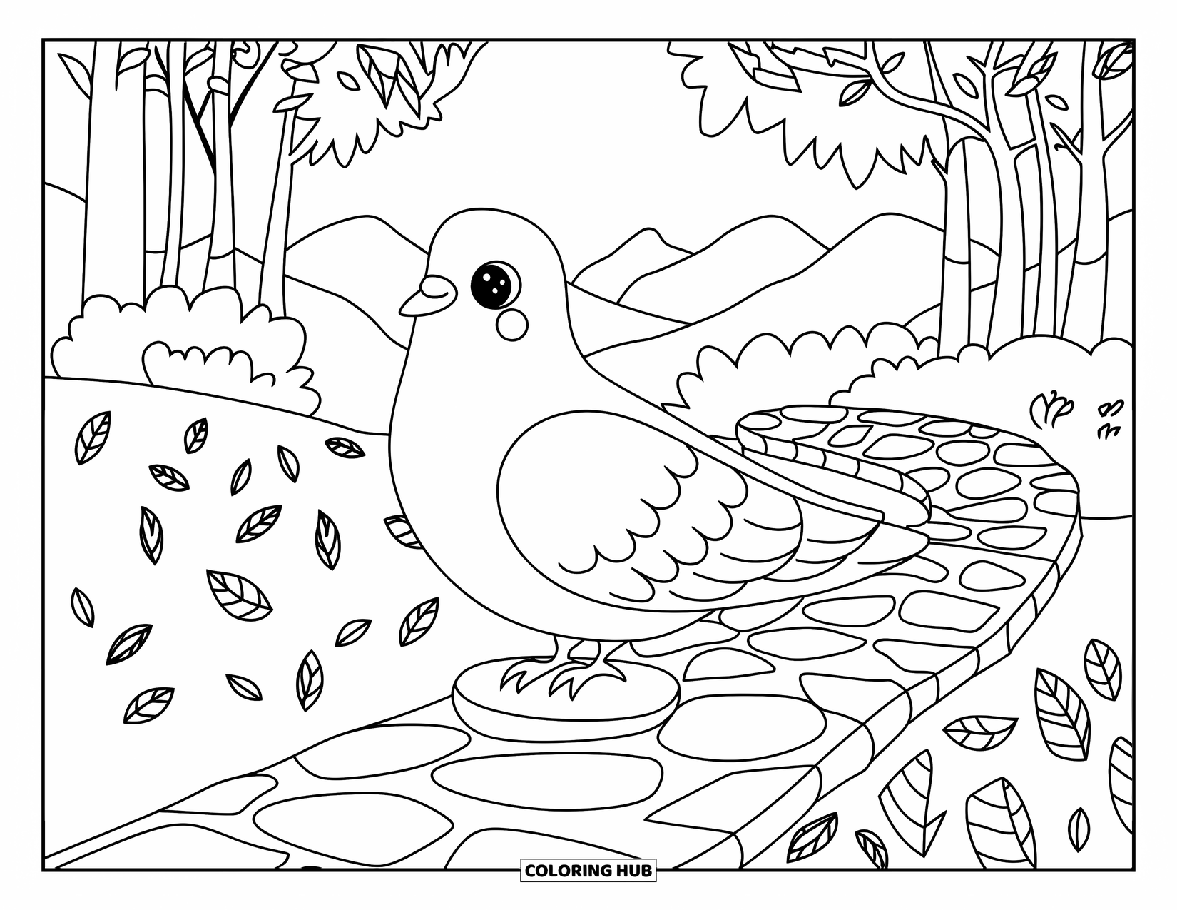 Tauben-Ausmalbild für Kinder: Eine gemütliche Taube ruht auf einem Waldweg bedeckt mit bunten Herbstblättern