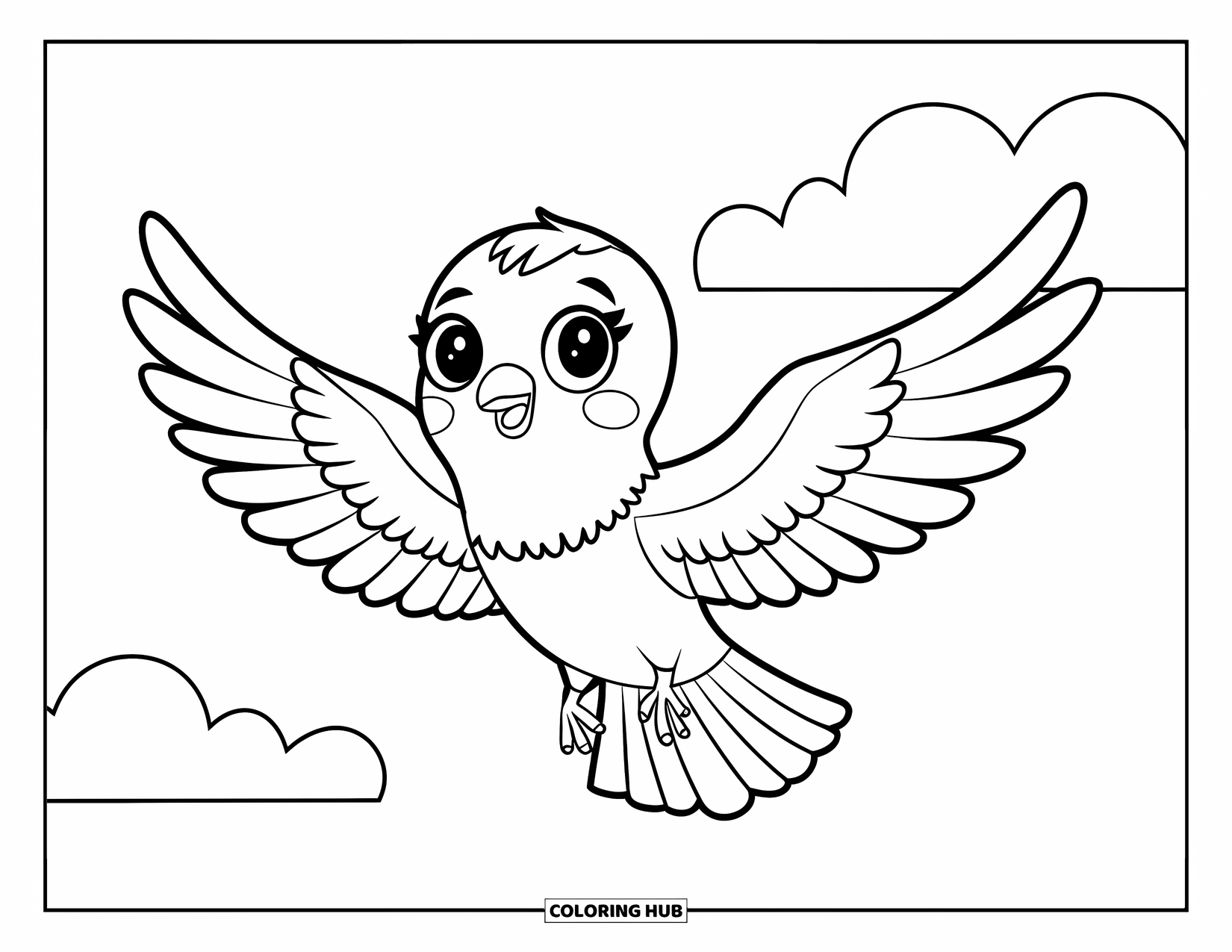 Tauben-Ausmalbild für Kinder: Eine niedliche Taube fliegt mit weit ausgebreiteten Flügeln in einer schlichten Himmelsszene