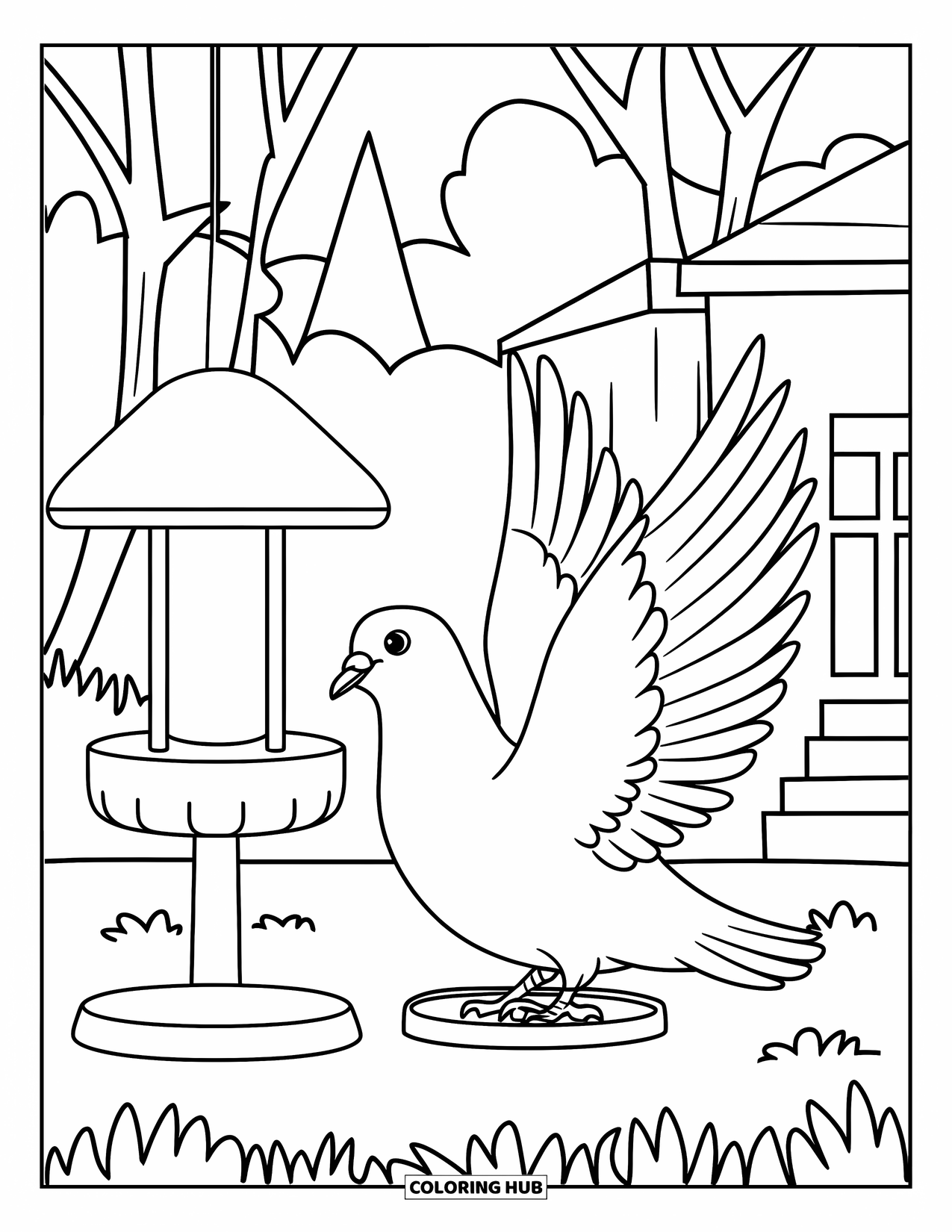 Tauben-Ausmalbild für Kinder: Eine glückliche Taube flattert neben einem Futterhaus mit Bäumen im Hintergrund
