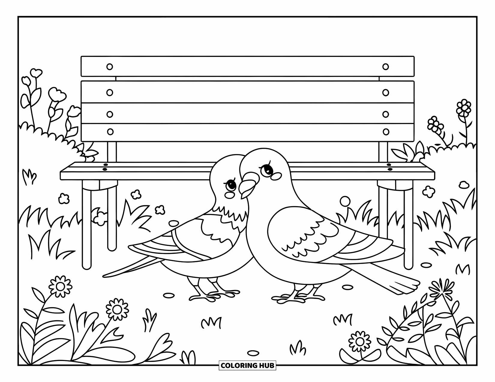 Tauben-Ausmalbild für Kinder: Eine Taube und zwei Spatzen ruhen gemeinsam unter einer gemütlichen Gartenbank