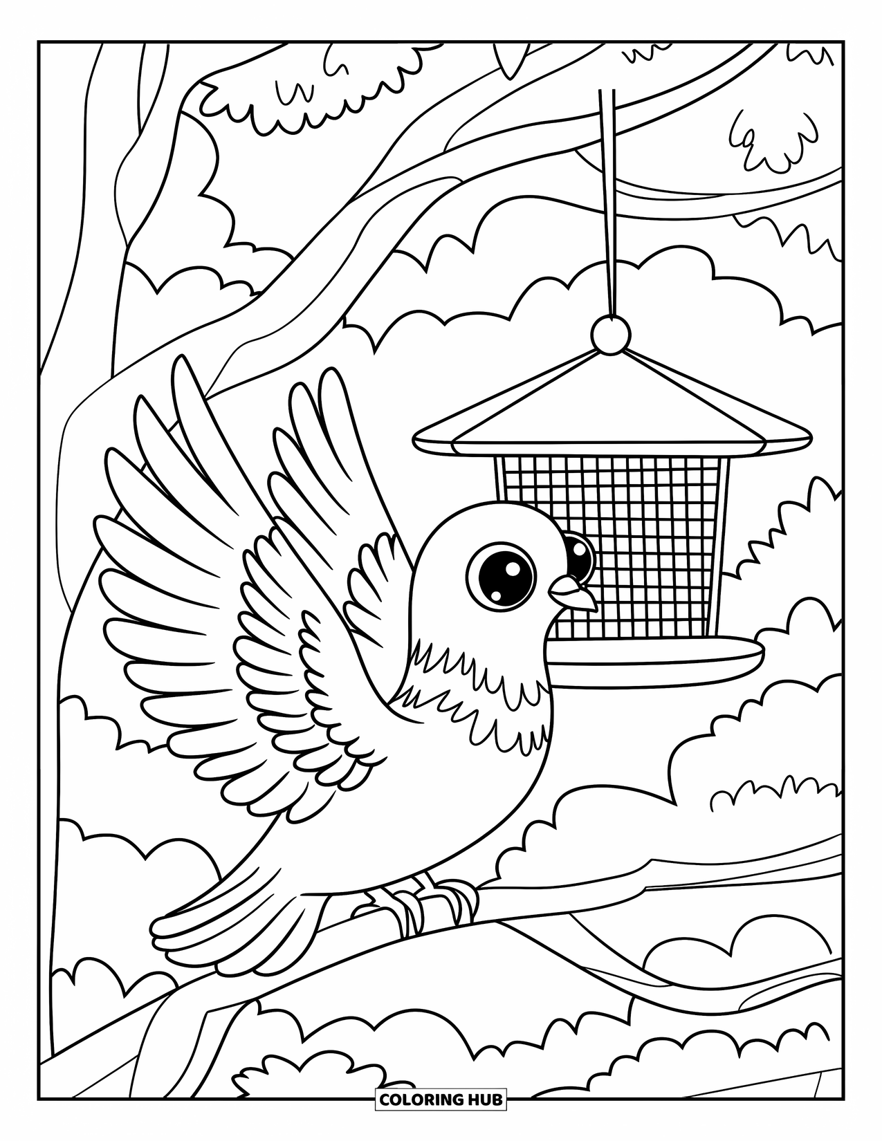 Tauben-Ausmalbild für Kinder: Eine Taube schlägt ihre Flügel neben einem hängenden Vogelhäuschen
