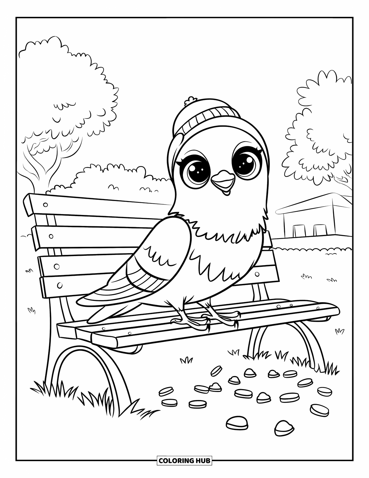 Tauben-Ausmalbild für Kinder: Eine Taube mit Hut sitzt auf einer Bank mit Brotkrümeln in der Nähe