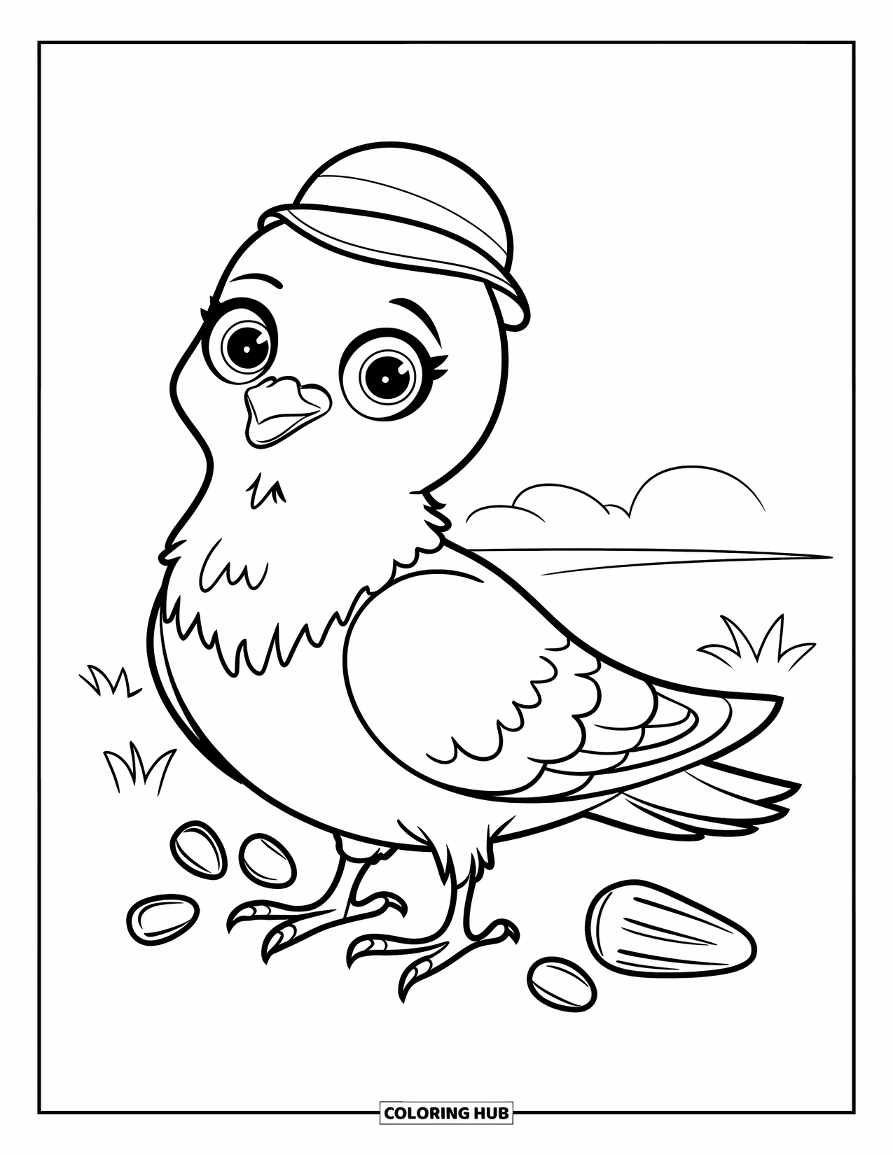 Tauben-Ausmalbild für Kinder: Eine Taube mit kleinem Hut steht neben Körnern auf dem Boden