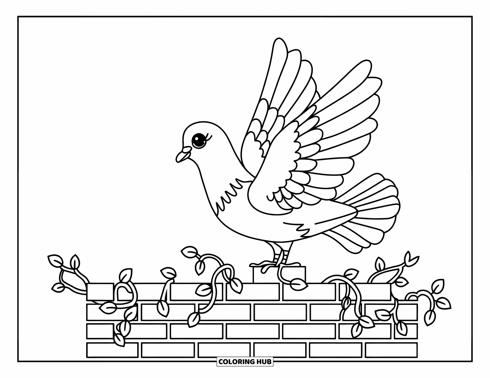 Tauben-Ausmalbild für Kinder: Eine Taube sitzt auf einer rissigen Mauer, umrankt von kleinen Kletterpflanzen