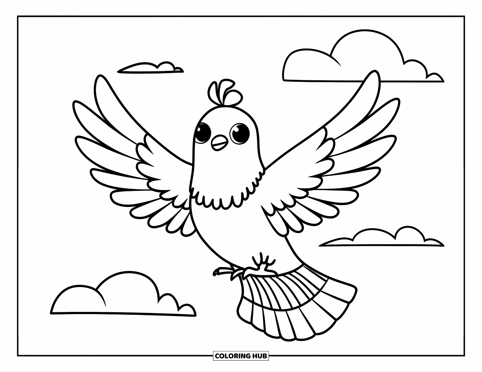 Tauben-Ausmalbild für Kinder: Eine Taube sitzt auf einem Ast unter zwei flauschigen Wolken am Himmel