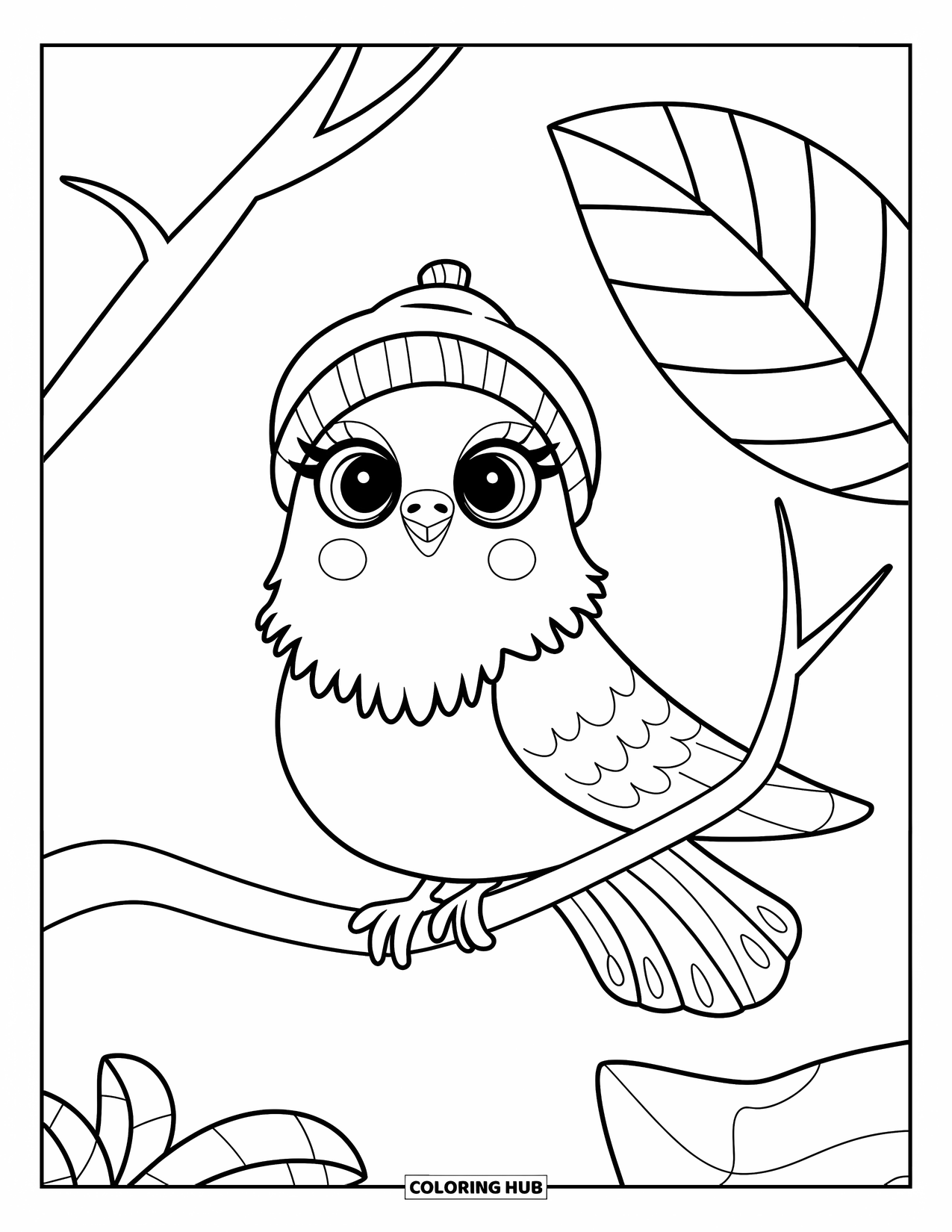 Tauben-Ausmalbild für Kinder: Eine süße Taube mit Hut sitzt neben einem riesigen Blatt auf einem Ast