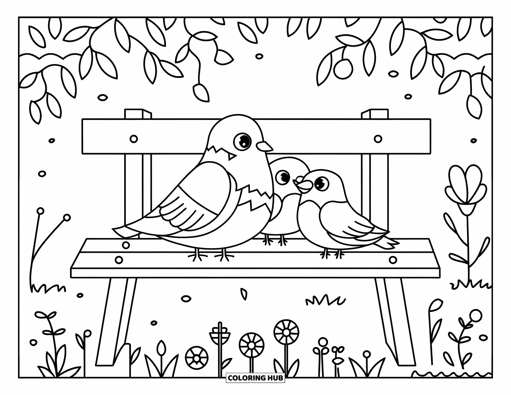 Tauben-Ausmalbild für Kinder: Zwei Spatzen sitzen neben einer süßen Taube unter einer ruhigen Gartenbank