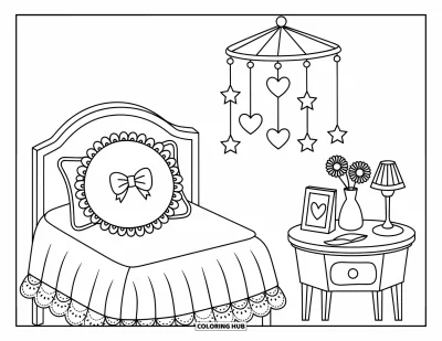 Coloriage rose pour adultes : Un lit surmonté d'un nœud et un mobile étoilé illuminent cette charmante petite chambre