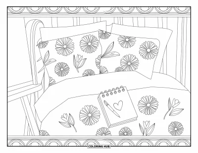 Coloriage rose pour adultes : Un fauteuil avec des coussins fleuris, un journal et un stylo en forme de cœur dans un coin douillet