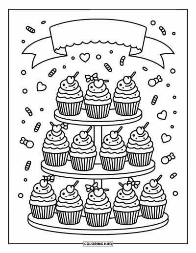 Coloriage rose pour adultes : Un présentoir à cupcakes débordant de douceurs, de rubans et de pépites colorées