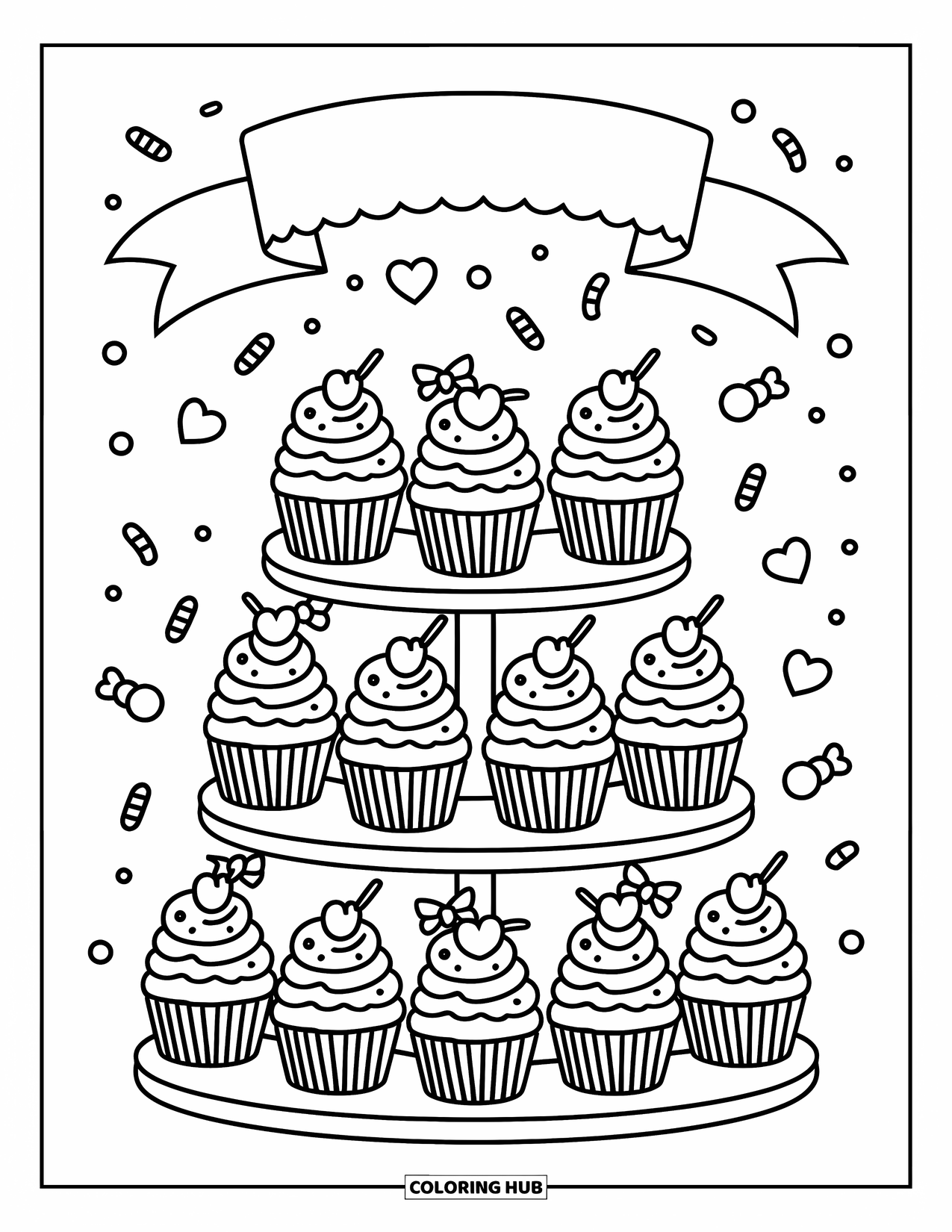 Pink Coloring Page for Adults: Cupcake stand overflows with sweet treats, ribbons, and candy sprinkles