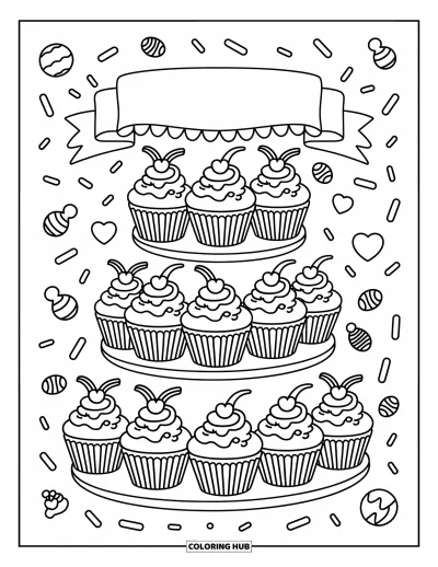 Coloriage rose pour adultes : Un présentoir à cupcakes orné de cœurs, de rubans et de confettis flottants