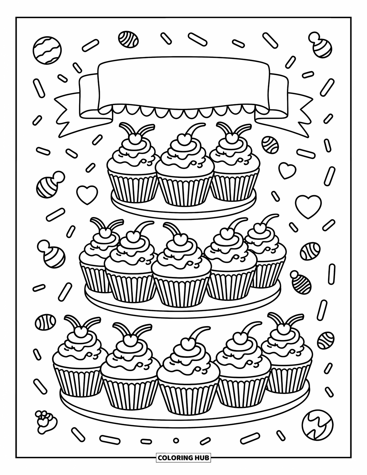 Pink Coloring Page for Adults: Cupcake stand topped with hearts, ribbons, and floating confetti
