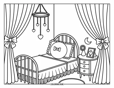 Coloriage rose pour adultes : Un lit à rideaux et un mobile flottant créent une chambre paisible et féerique