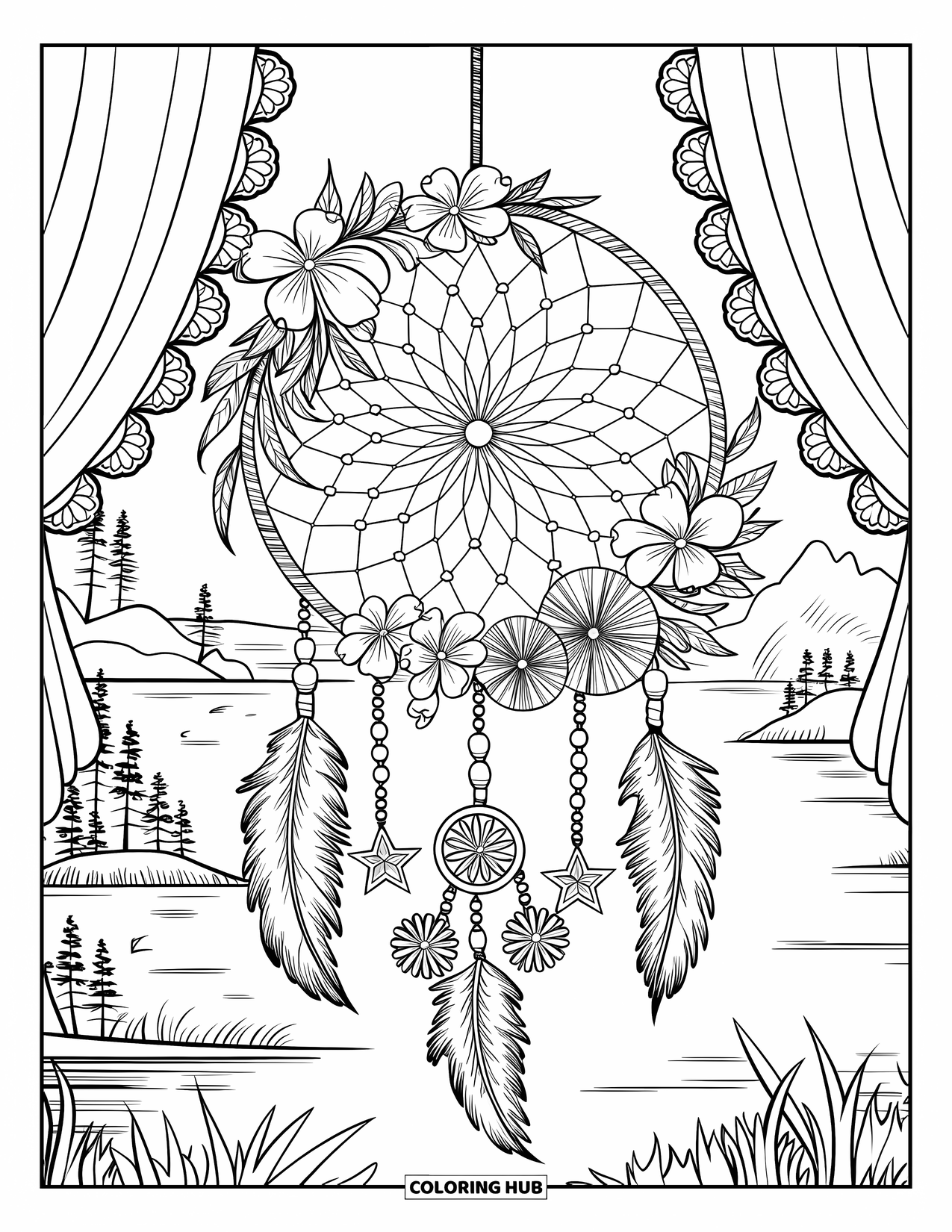 Pink Coloring Page for Adults: Dreamcatcher near lace curtains and nature views with mountains and trees