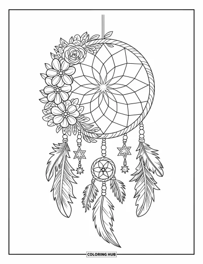 Coloriage rose pour adultes : Un attrape-rêves avec des perles et des étoiles flotte sur un fond féerique à motifs