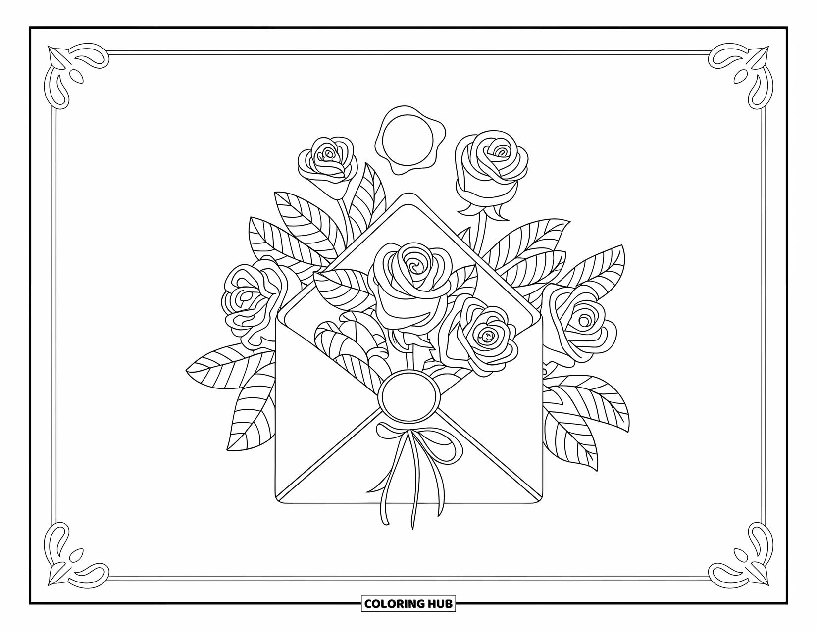 Pink Coloring Page for Adults: Envelope and rose bouquet with a wax seal and decorative border