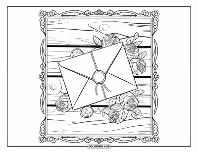 Coloriage rose pour adultes : Une enveloppe avec une ficelle, des roses et des cachets de cire sur une table en bois