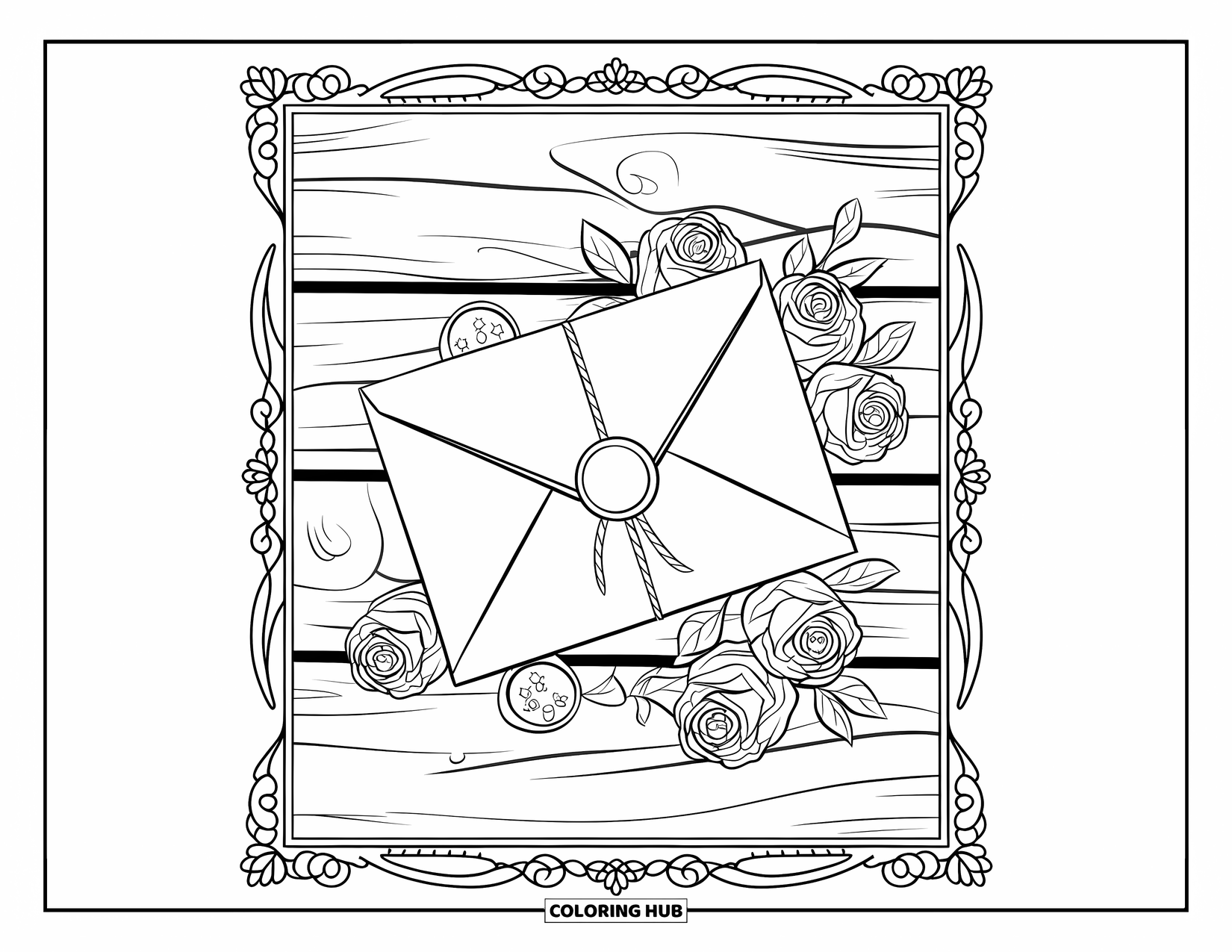 Pink Coloring Page for Adults: Envelope with string, roses, and wax seals on a wooden table