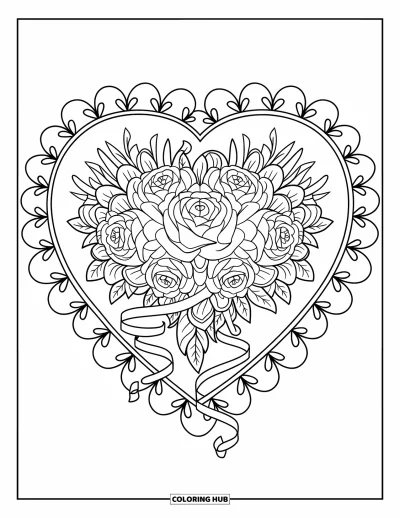Coloriage rose pour adultes : Un bouquet floral en cœur encadré de rubans gestuels et de cœurs entrelacés
