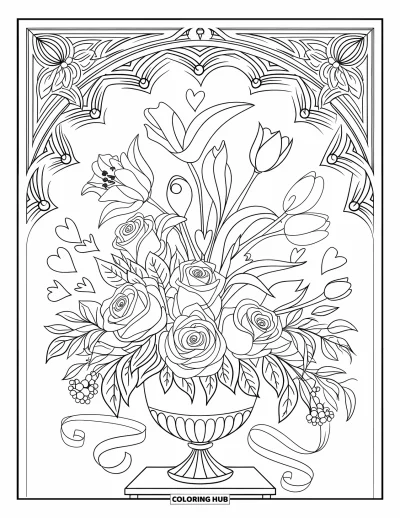 Coloriage rose pour adultes : Un bouquet de fleurs avec des rubans et des cœurs devant un mur à motifs