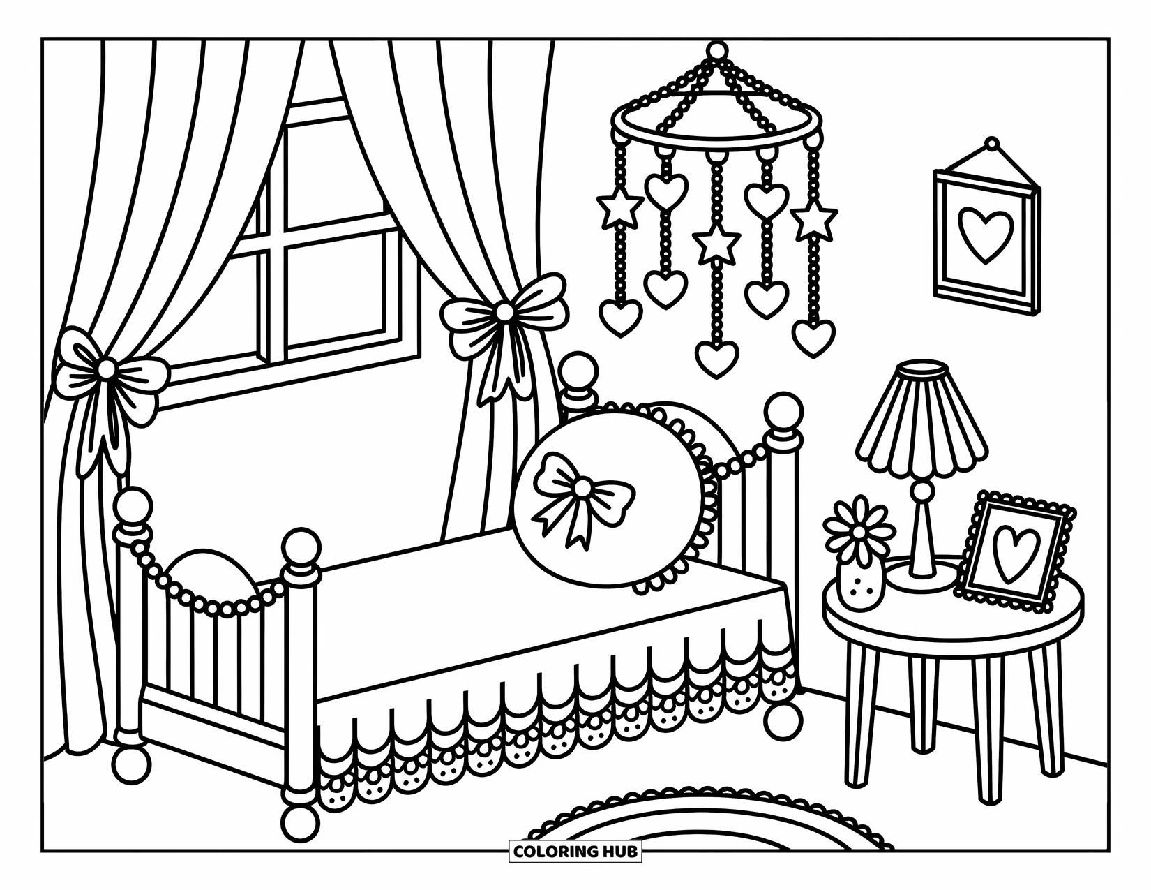 Pink Coloring Page for Adults: Frilly bed, moon lamp, and star mobile cozy up a tiny bedroom
