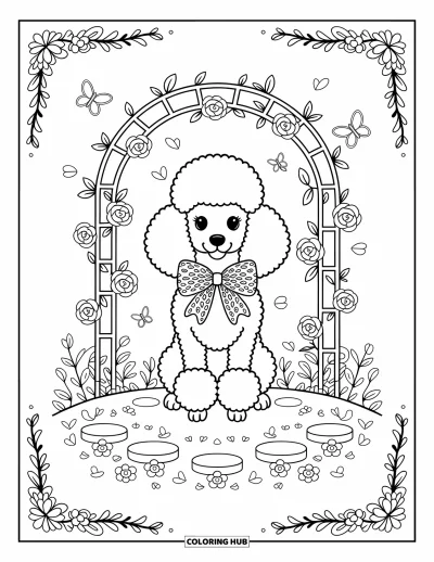 Coloriage rose pour adultes : Un élégant caniche assis sous une arche fleurie avec des pétales et des papillons