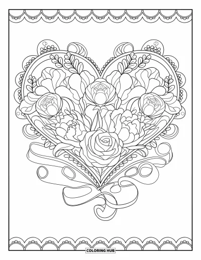 Coloriage rose pour adultes : Un bouquet en forme de cœur avec des fleurs et des rubans centré dans une page encadrée