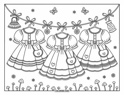 Coloriage rose pour adultes : Des robes kawaii suspendues à une guirlande de ruban avec des fleurs, des papillons et des gants