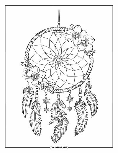 Coloriage rose pour adultes : Un attrape-rêves en dentelle suspendu à un bâton, garni de fleurs et d'étoiles