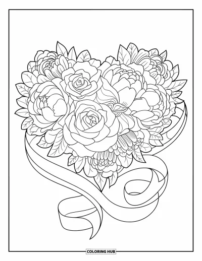 Coloriage rose pour adultes : Un bouquet mandala en forme de cœur avec des rubans gestuels sur un fond épuré