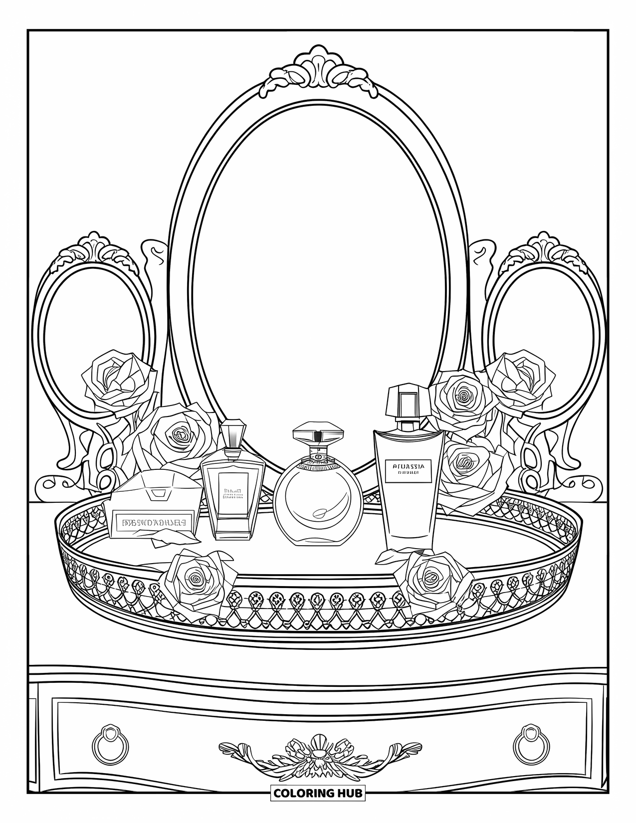 Pink Coloring Page for Adults: Perfume bottles and roses decorate a vintage dresser with a mirror tray