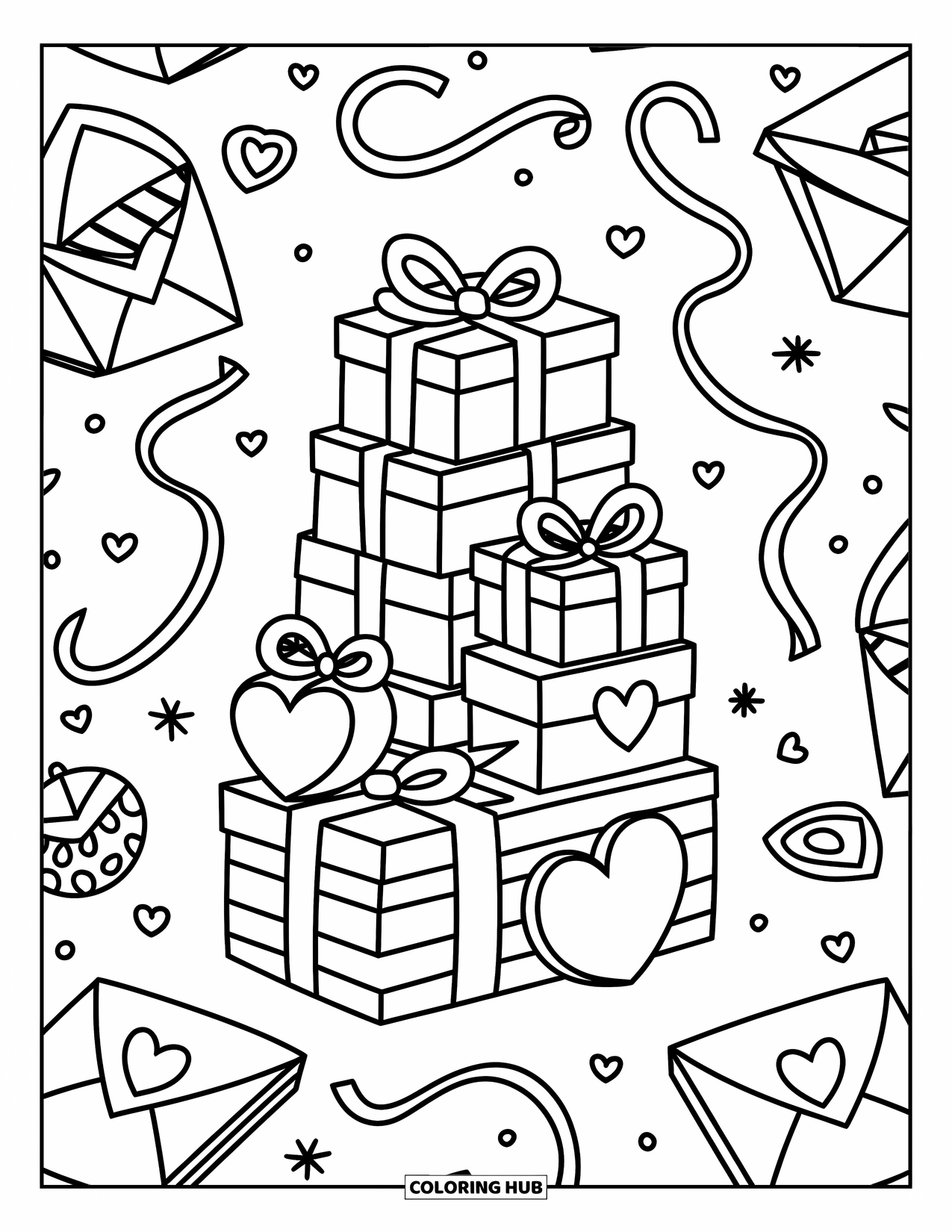 Pink Coloring Page for Adults: Playful gift box pile with bows, ribbons, tags, and confetti