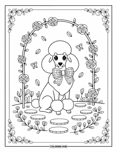 Coloriage rose pour adultes : Un caniche sous une arche de roses entouré de pétales et de papillons