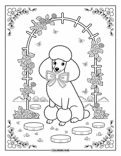 Coloriage rose pour adultes : Un caniche avec un grand nœud assis sous une tonnelle de jardin ornée de roses