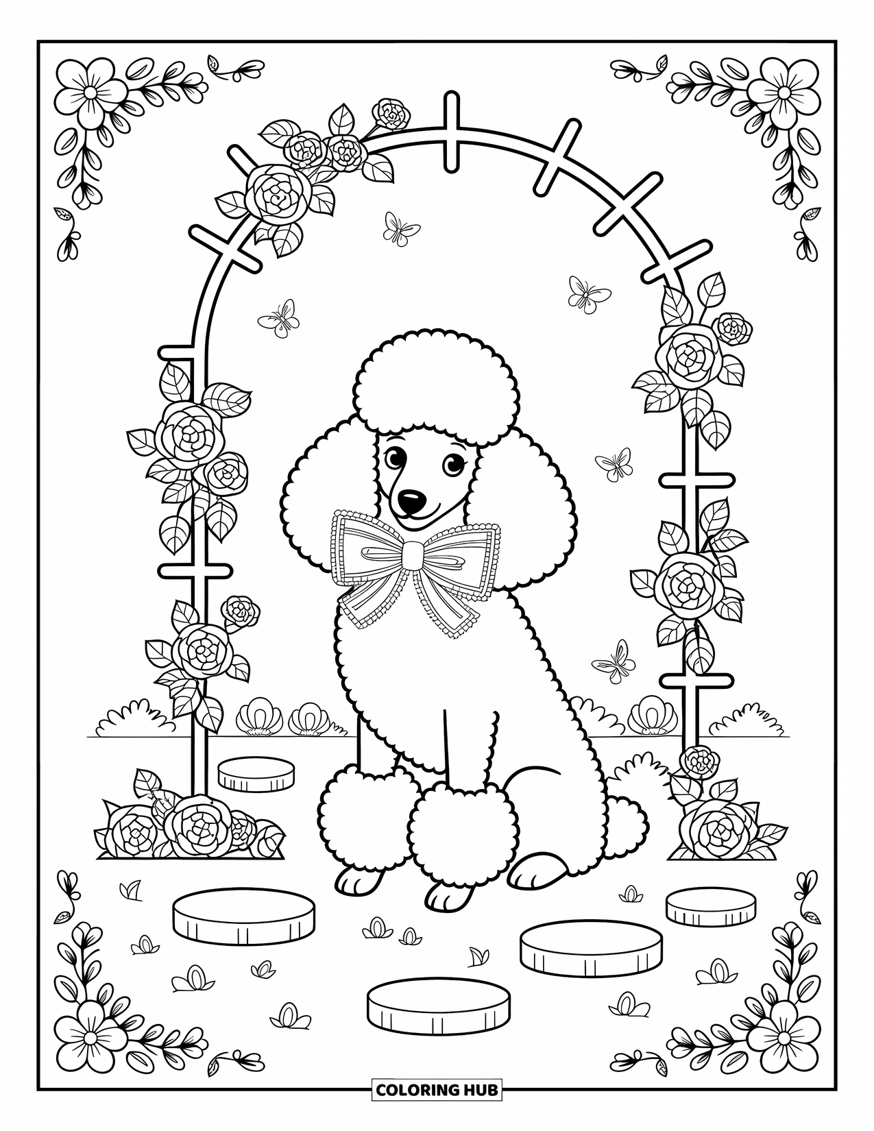 Pink Coloring Page for Adults: Poodle with a big bow sits under a garden arch with roses
