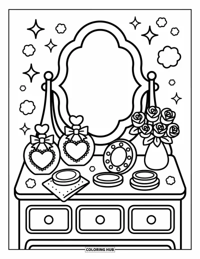 Coloriage rose pour adultes : Une jolie coiffeuse avec un miroir, des roses et des étincelles flottantes