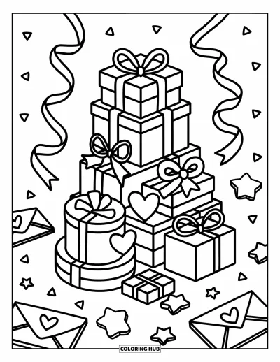 Coloriage rose pour adultes : Des boîtes de cadeaux empilées, des nœuds et des étiquettes éparpillées pour une scène de fête adorable