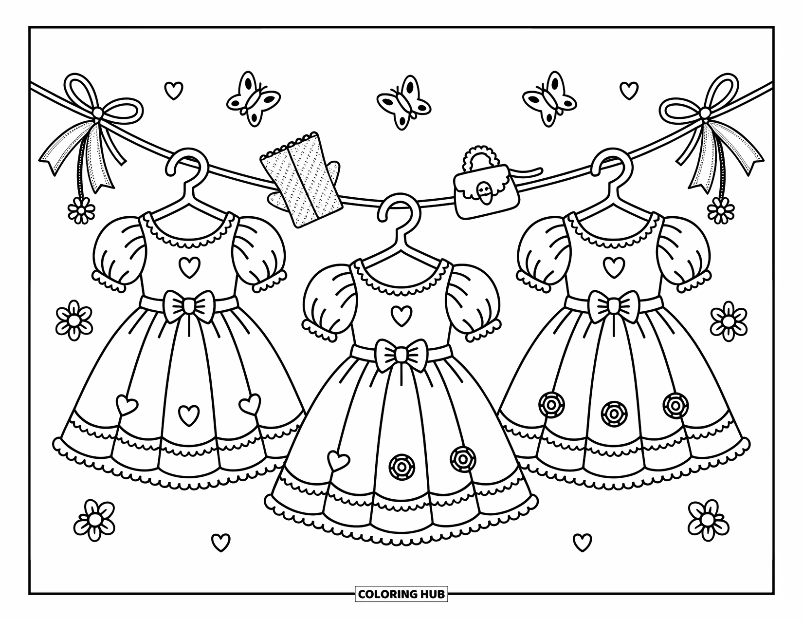 Pink Coloring Page for Adults: Three cute dresses hang from a ribbon garland with butterflies and charms