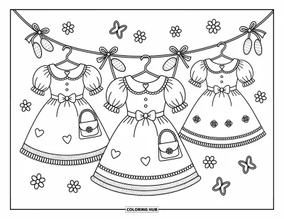 Coloriage rose pour adultes : Trois robes de style vintage suspendues avec des papillons flottants et de délicats accessoires