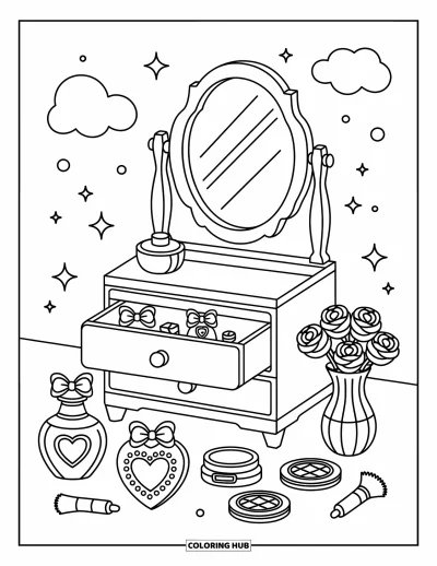 Coloriage rose pour adultes : Une table de maquillage garnie de parfums, de roses et de bulles féeriques flottantes