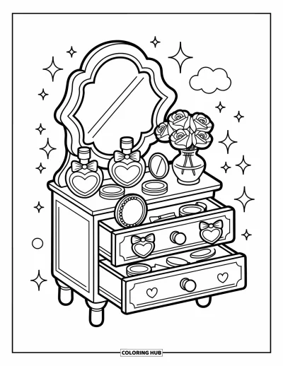 Coloriage rose pour adultes : Une coiffeuse avec des flacons de parfum en forme de cœur, des fleurs et des étincelles féeriques