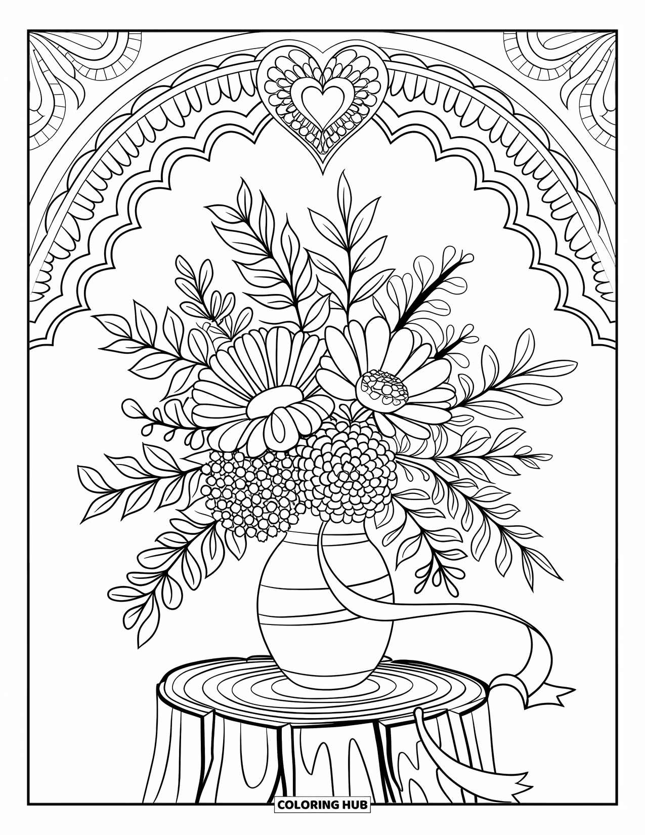 Pink Coloring Page for Adults: Vase bouquet with a ribbon trail and heart sits on a stump
