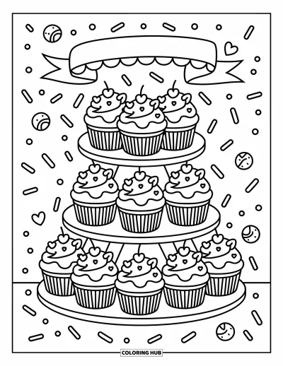 Coloriage rose pour adultes : Une tour de cupcakes fantaisiste avec des volutes de glaçage, des banderoles et des bonbons flottants