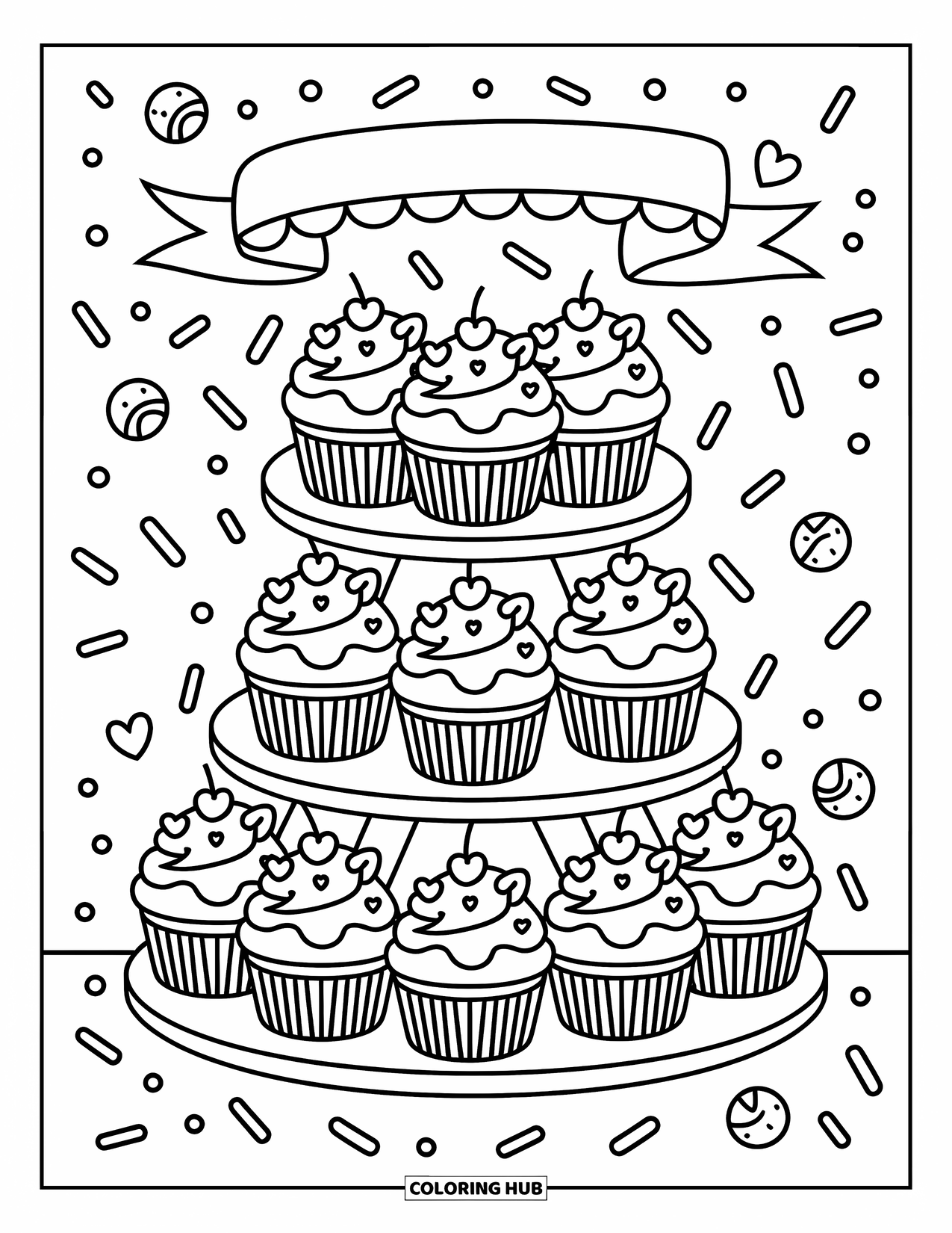 Pink Coloring Page for Adults: Whimsical cupcake tower with icing swirls, banners, and floating candy