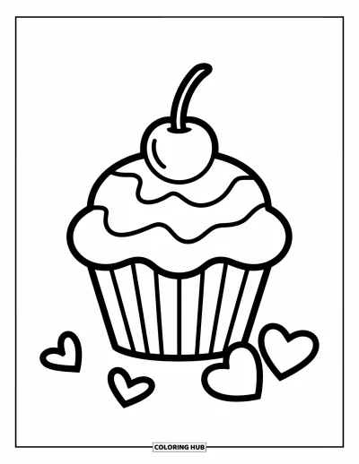 Coloriage rose pour enfants : Un grand cupcake avec une cerise et des cœurs, simple et adorable