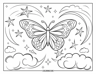 Coloriage rose pour enfants : Un papillon audacieux dans le ciel entouré d'étincelles et d'étoiles