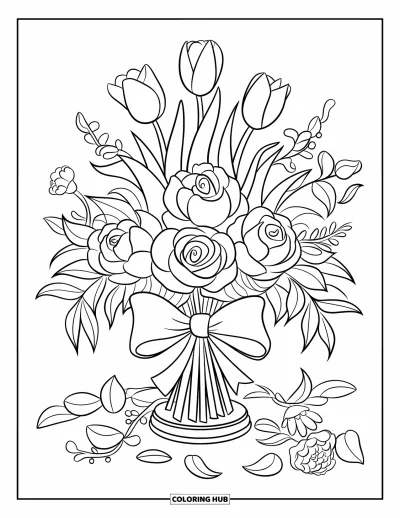 Coloriage rose pour enfants : Un bouquet de tulipes, de roses et de pivoines noué avec un grand nœud