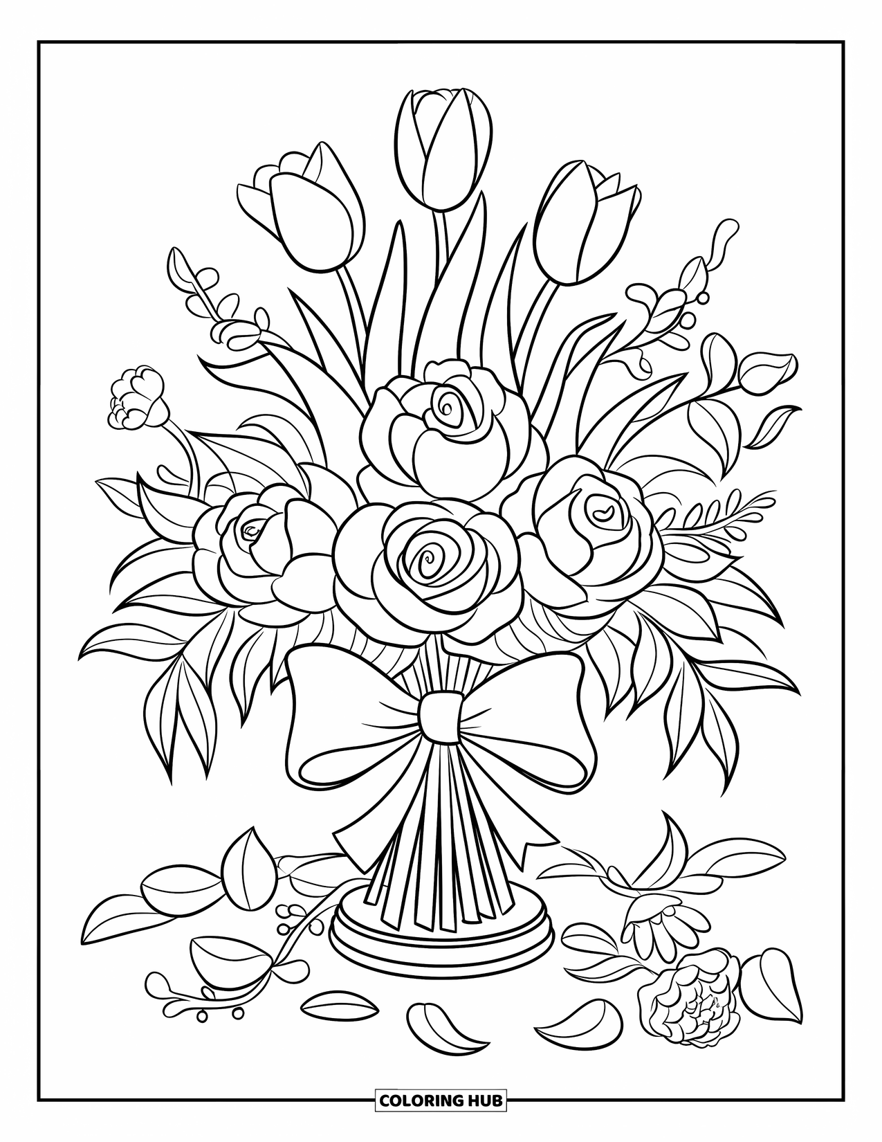 Pink Coloring Page for Kids: Bouquet of tulips, roses, and peonies tied with a big bow