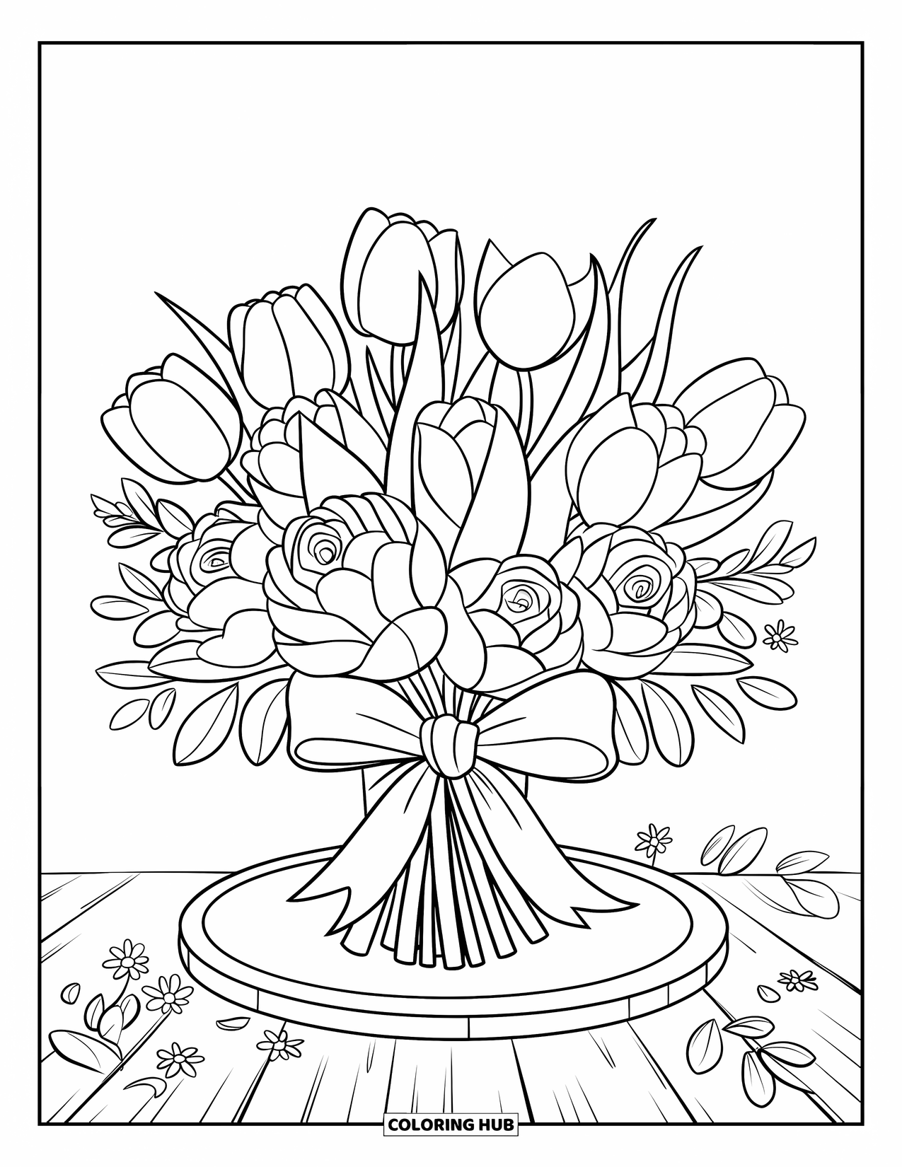 Pink Coloring Page for Kids: Bouquet with a bow surrounded by leaves and flowers